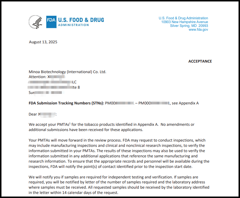 MINOA尼古丁口含糖PMTA新進展：成功獲得Acceptance letter！